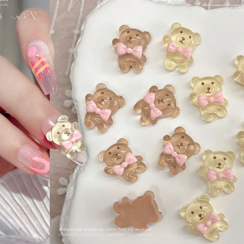 10Pcs Kawaii Bears Nail Art Charms Sweet Heart Bow Nail Decoration Parts Ice-transparent Brown Manicure 3D Accessories Jewels