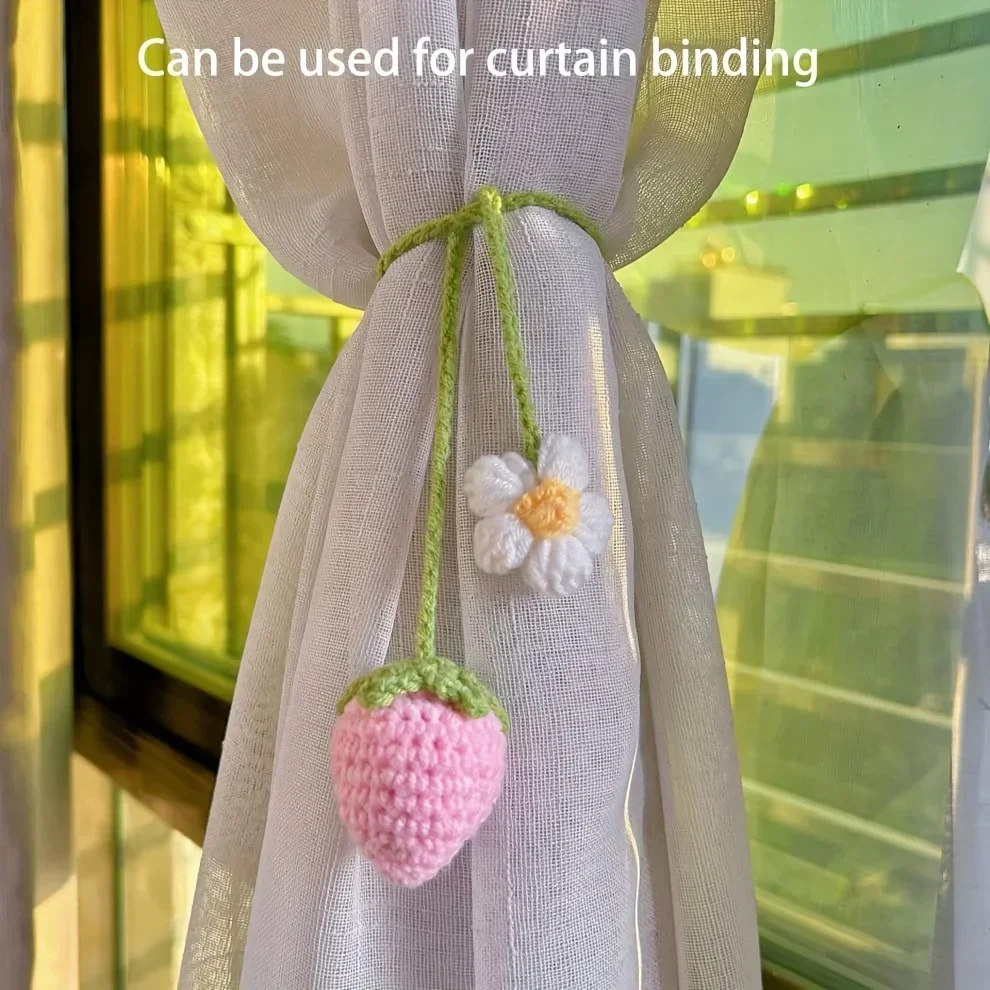NEW Knitted Car Rearview Mirror Hanging Ornament Car Interior Decoration Strawberry Pendant Daisy Lanyard Bag Pendant