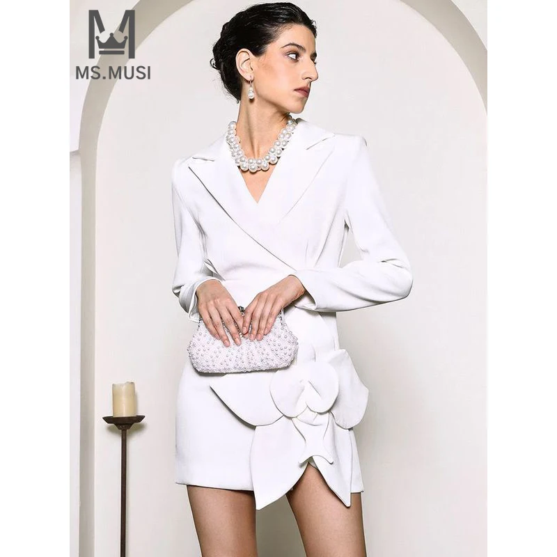 

MSMUSI 2024 New Fashion Women Sexy Turn Down Collar Floral Draped Long Sleeve Bodycon Party Club Event Slim Blazer Mini Dress