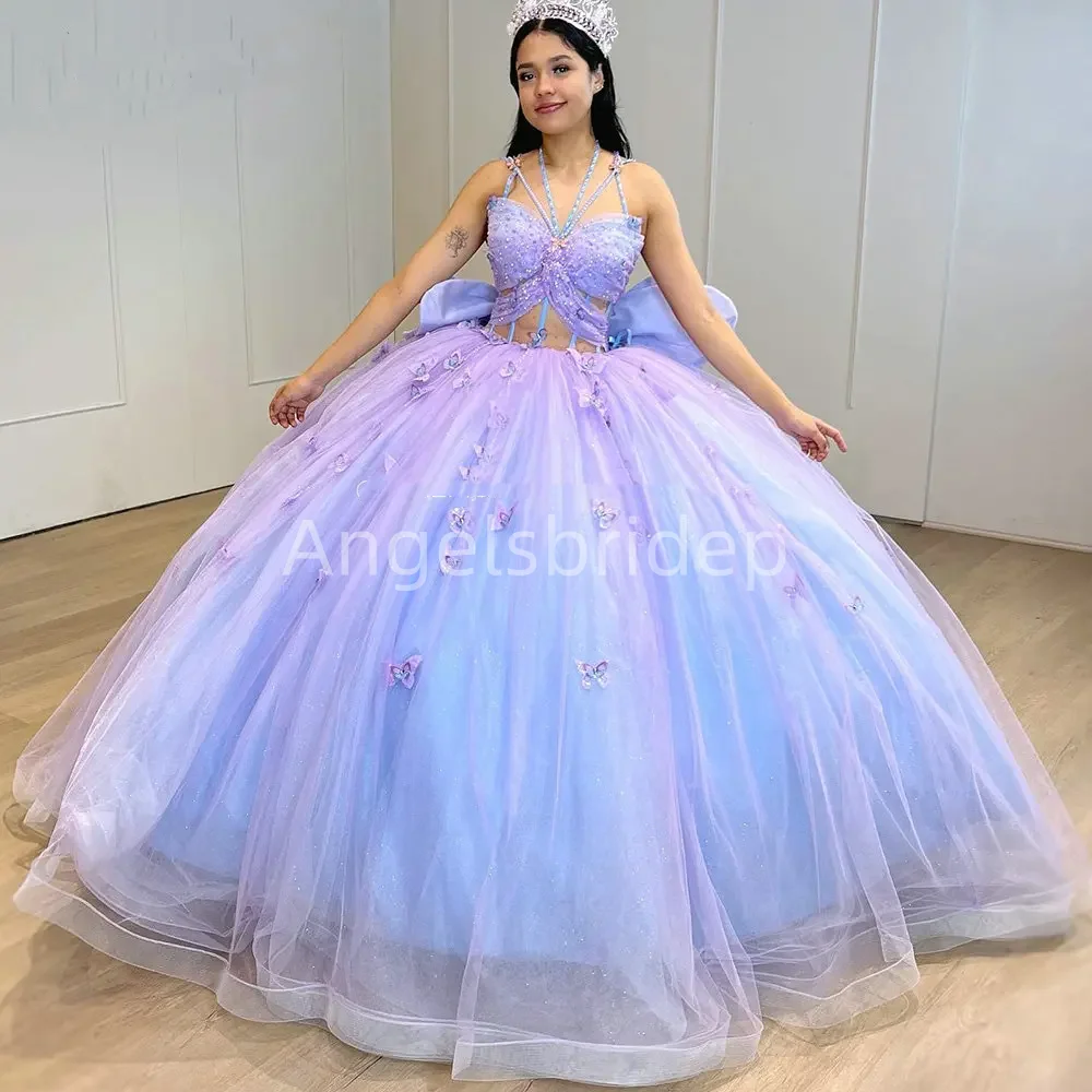 Angelsbride lilla abiti Quinceanera 2025 abiti messicani De 15 Anos spalline per Spaghetti grande fiocco con paillettes festa di compleanno