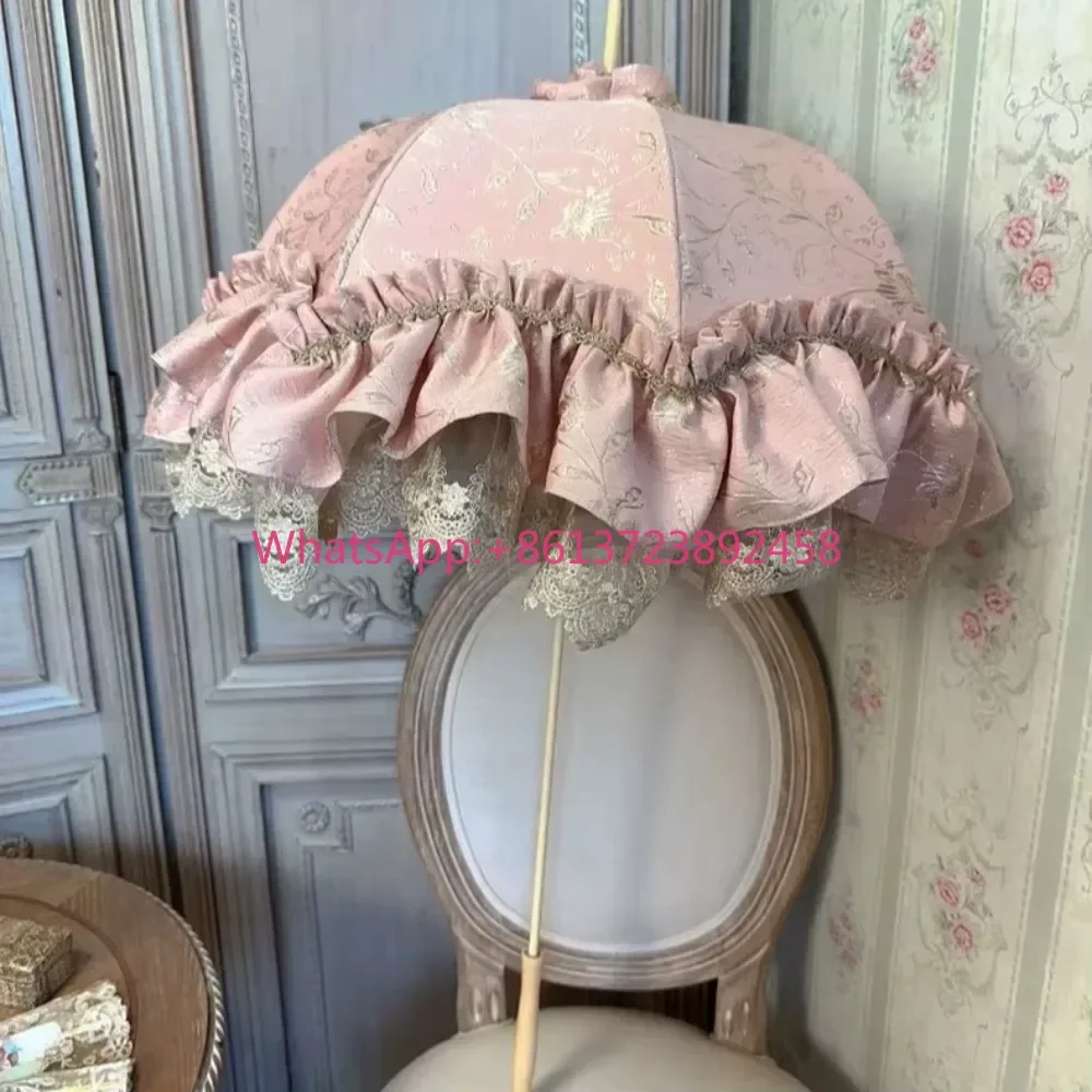 TX139 satin Victorian antique lace handmade umbrella with long handle vintage wedding photography Lolita umbrella