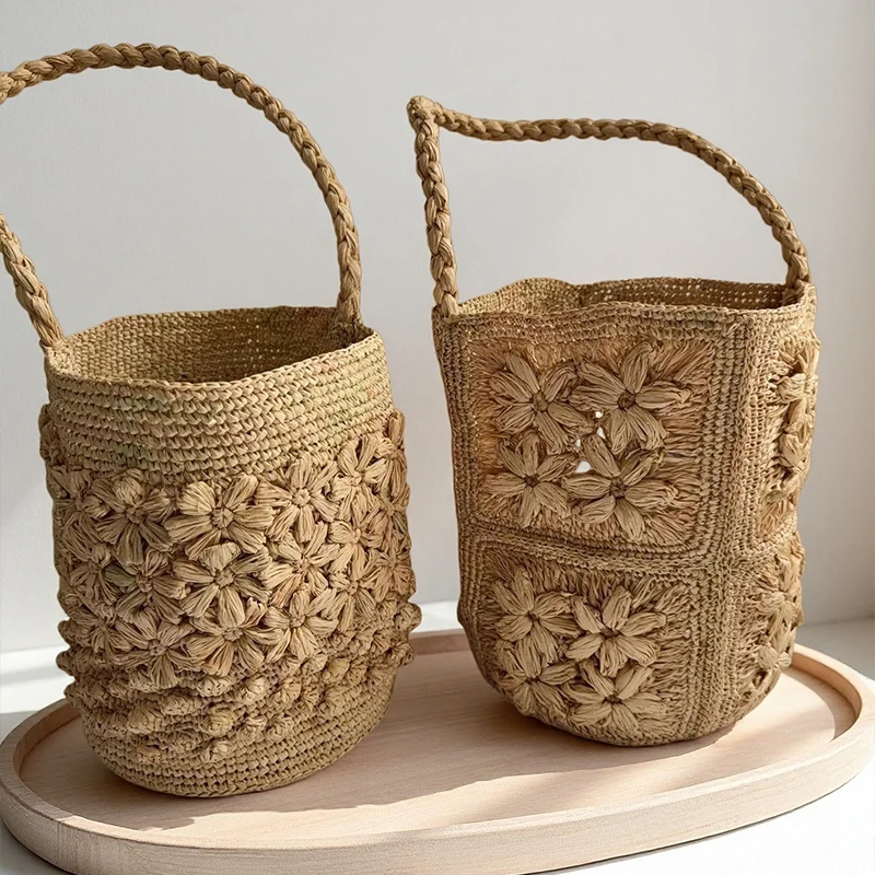 

Bohemian Raffia Woven Bucket Bag Floral Hollow Straw Tote Bag Summer Beach Vacation Shoulder Bag Fashion Niche Handbag