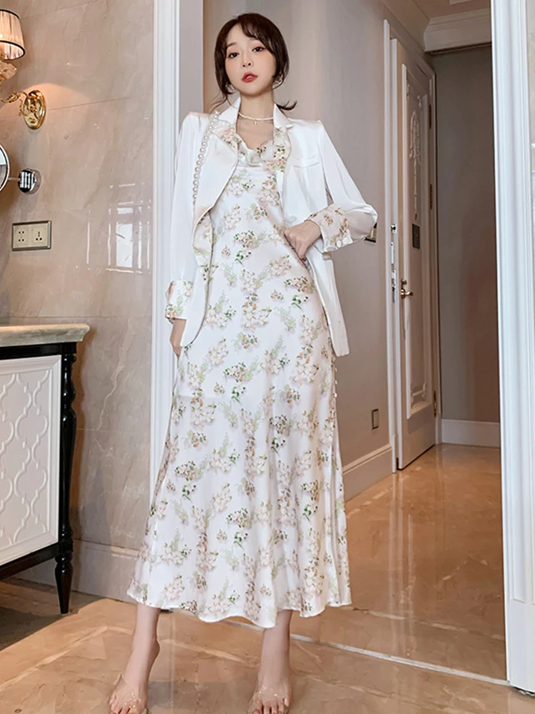 Summer Spring 2 Pieces Set Women Satin Print Floral Spliced White Blazer Split Slip Maxi Robe Sweet Gentle Holiday Party Clothes