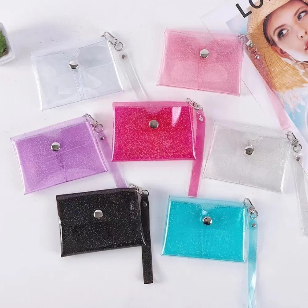 Portable PVC Coin Purse Double-layer Transparent Key Card Holder Colorful with Wrist Strap Lipstick Storage Bag