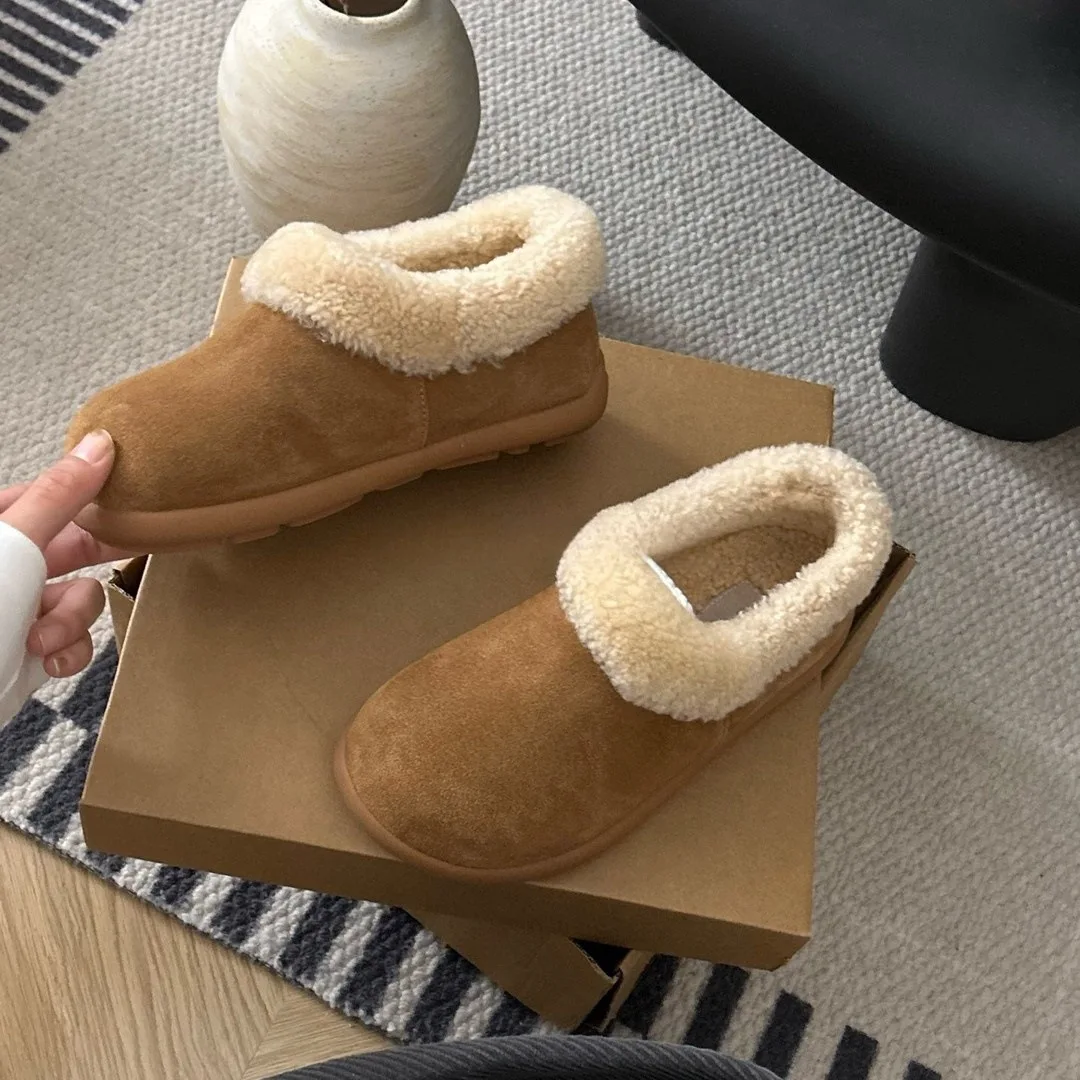 Sapatos mulher apartamentos deslizamento-em outono mocassins pele dedo do pé redondo vestido deslizamento no outono novo inverno chinelo de borracha med costura rebanho curto pelúcia