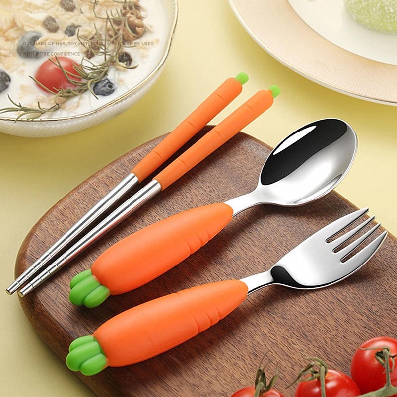 Cute Carrot silicone Handle Cutlery Set Stainless Steel Kids Tableware Chopsticks Fork Spoon Utensils for Baby  Food-grade safe