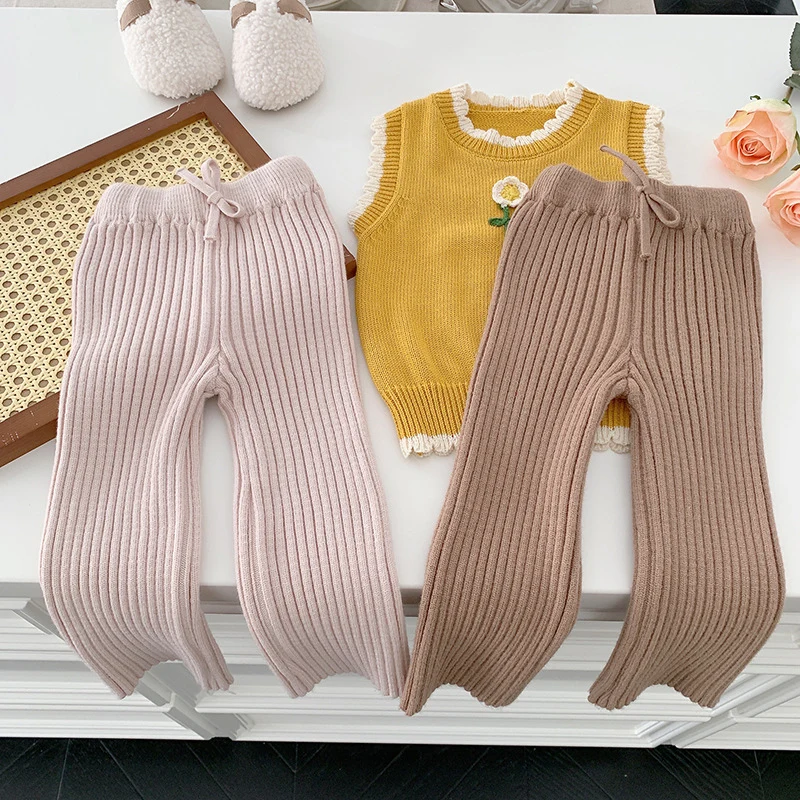 Autumn Winter Korean Style Baby Girls Knitted Trousers Kids Elastic Waist Trousers Solid Color Knitted Casual Fashion Pants