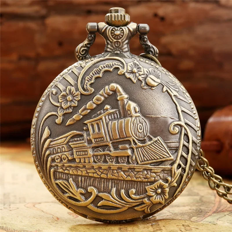 

Antique Locomotive Steam Train Pattern Pocket Watch Retro Quartz Clock for Men Women Collectable Timepiece with Long Chain Gift