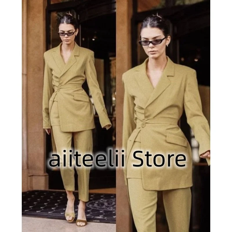 Women\'s Two-piece Suit Slim Fit Solid Color Lapel Handsome One Button Elegant Belt (Jacket + Trousers) Fashion and Ankle Trouser