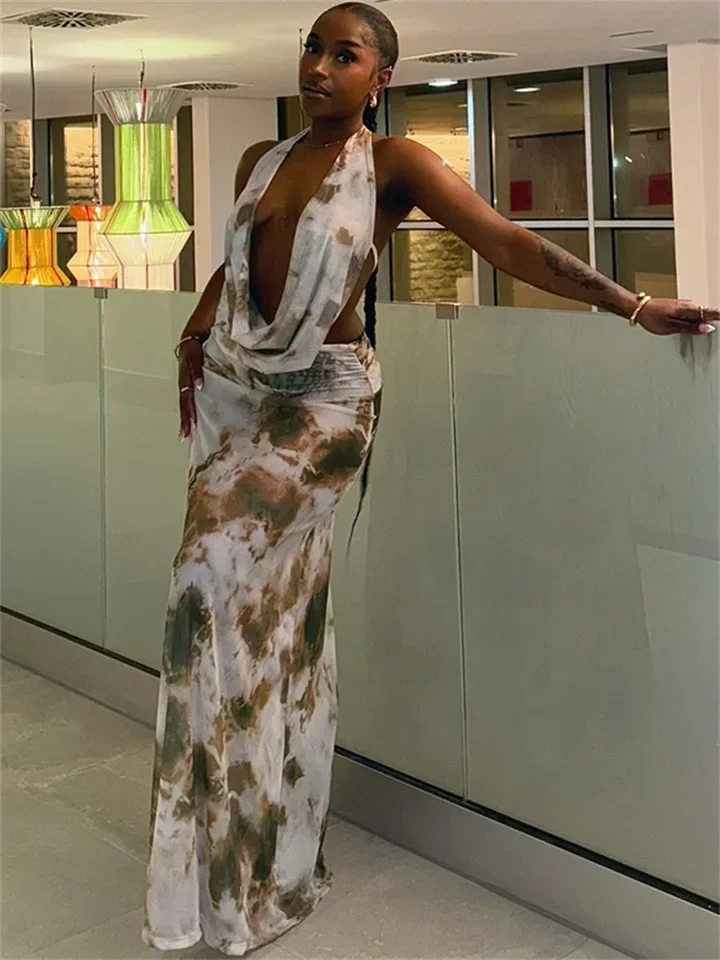 

Tie-Dye Print 2 Piece Set Women Bandage Halter Low-Neck Camisole+Ruched Skirts 2025 Vacation Beach Stlye Sexy Suits