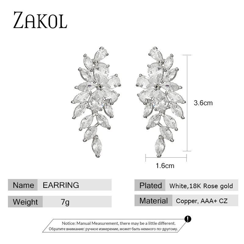 ZAKOL Marquise Cut Flower Zirconia Crystal Long Drop Earrings for Women Shiny Leaf CZ Stone Bridal Wedding Jewelry EP2415