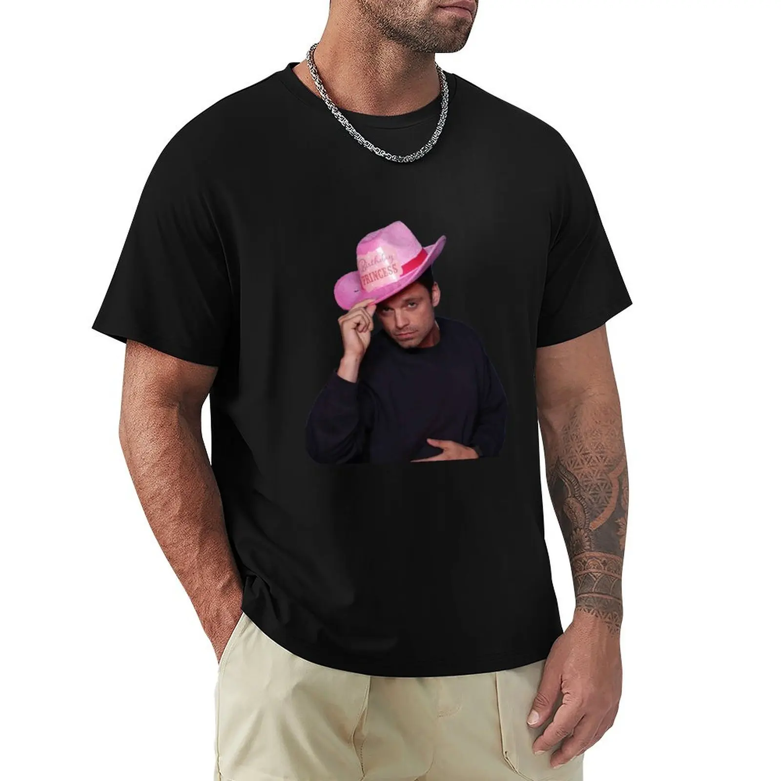 Yee Haw! Sebastian Stan with Pink birthday Princess Cowboy Hat T-Shirt Odor Resistant Short Sleeve Top