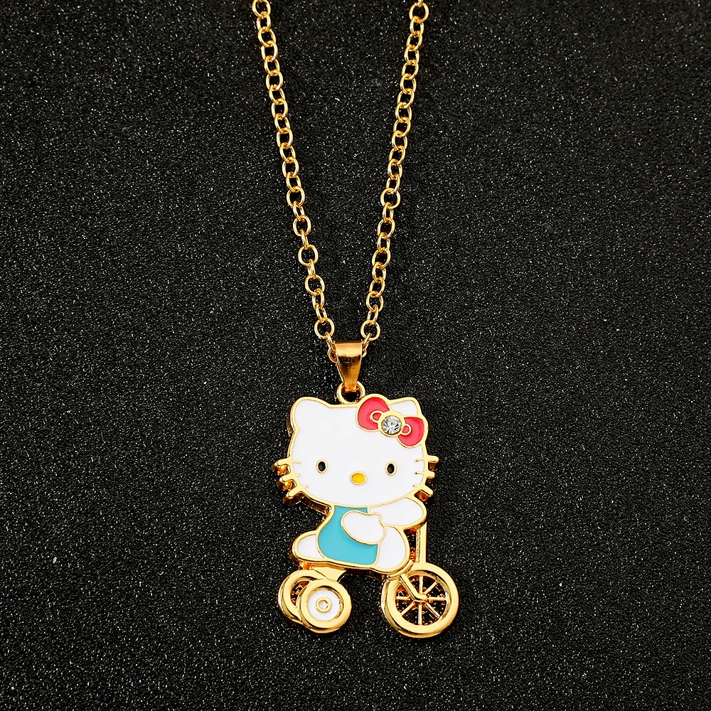 Anime Cute Sanrio Hello Kitty Gold Color Cartoon Pendant Necklace By Bike KT Cat Necklace Jewelry Accessory Gifts For Kids