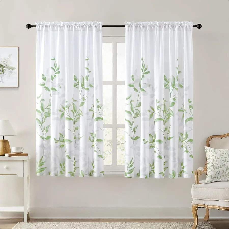 NonSeeThrough Sage Green and White Privacy Sheer Curtains 52 X 63 Inch Length 2 Panels Leaf Floral Printed Light Filtering Semi