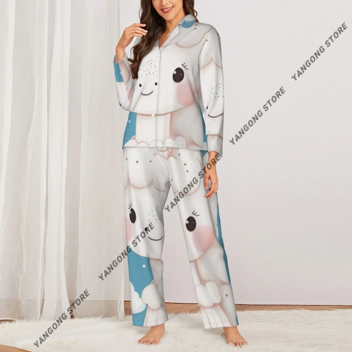 Spring and Autumn Pajama Set Women's Long Sleeve Pants Two Piece Cute Unicorn Illustration Home Furnishing Set