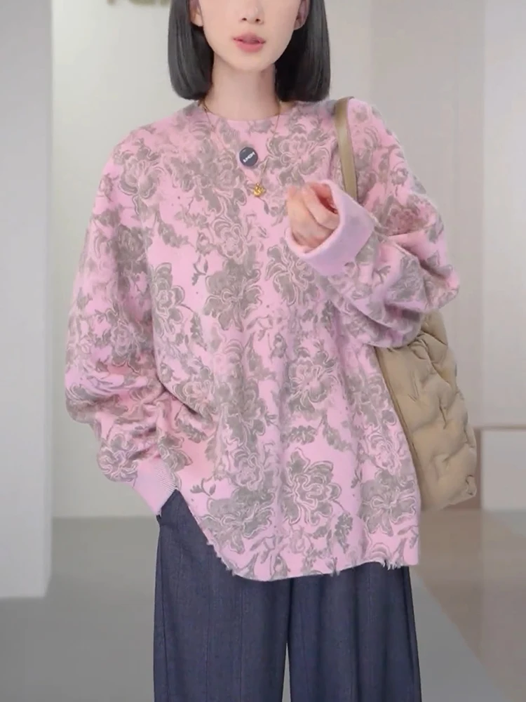 

Модный женский вязаный свитер с цветочным узором, длинный рукав, круглый вырез, для осени и зимы