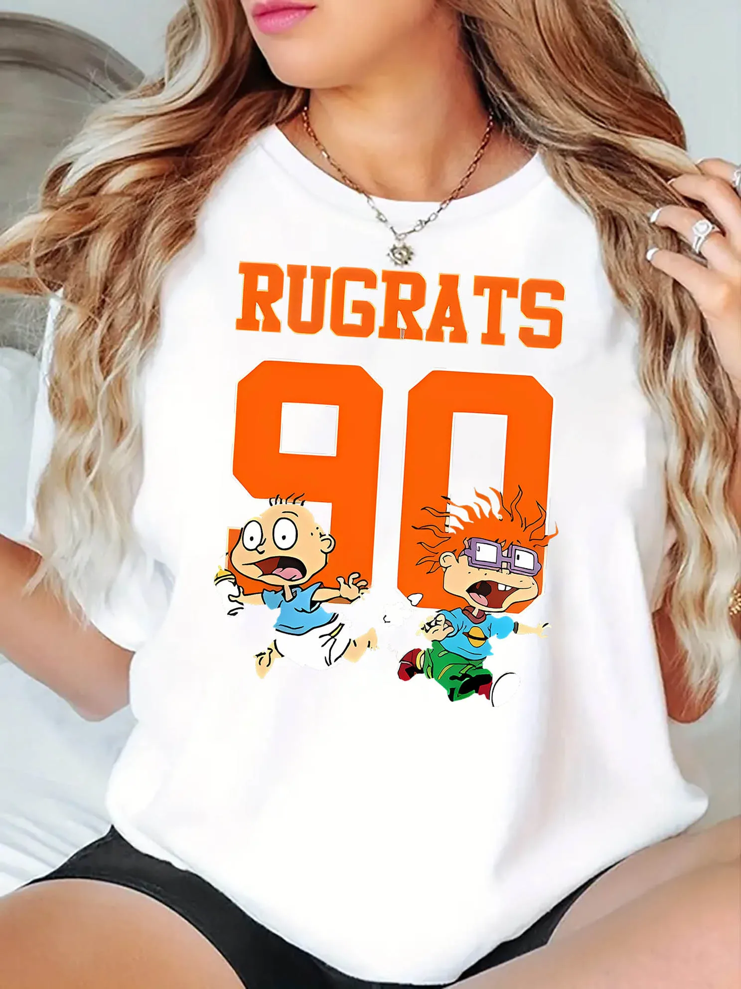 RUGRATS رسائل الكرتون الرجال تي شيرت الصيف معطف اليومي موضة الاتجاه النساء الملابس 100% القطن Y2k ملابس قصيرة الأكمام المحملة