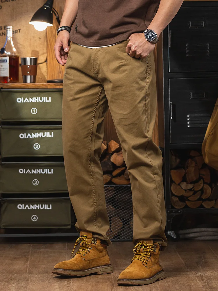 

Khaki American Retro Straight Leg Casual Pants Men's Summer New Pure Cotton Workwear Elastic Long Trousers Faionable Ci S...