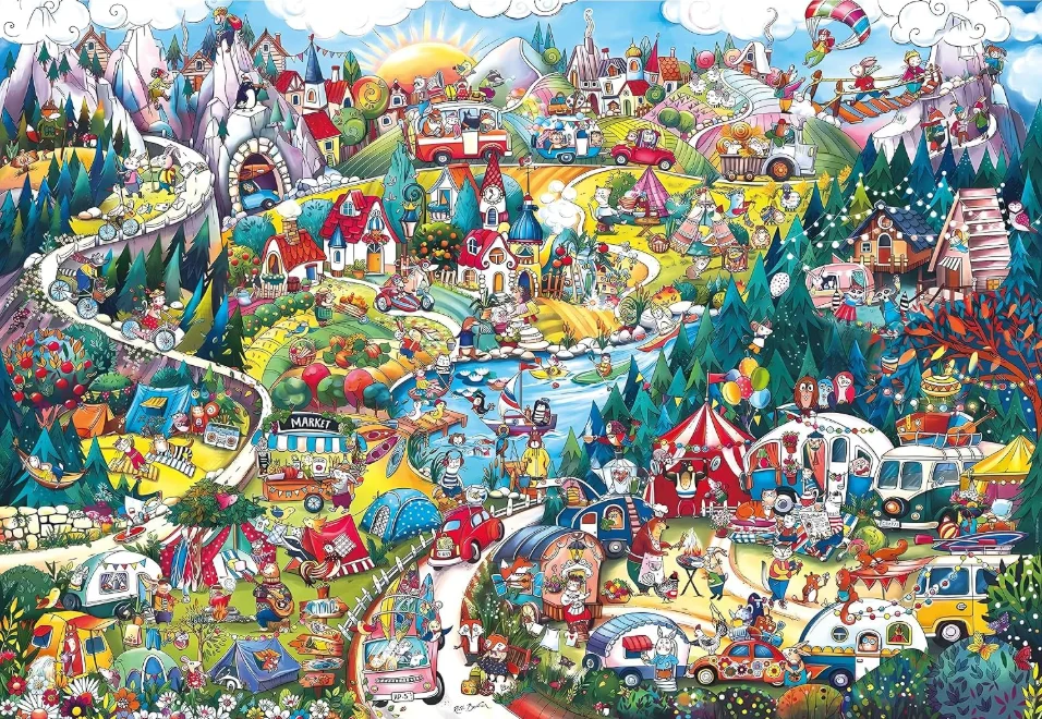 Cartoon Town 500/1000/1200/2000PCS Jigsaw Puzzle Colorful Fun Village Circus Camping Scene Tabletop Game Decor Present