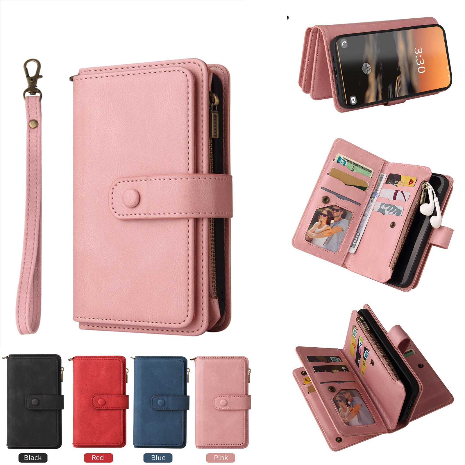 

Multi 15-Card Flip Wallet Case For Samsung Galaxy Z Fold 4 3 Zipper Leather Lanyard Wrist Strap Cover For Z Fold4 Fold3 Case