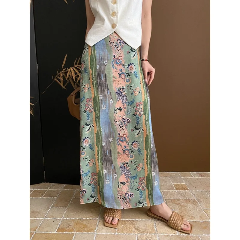 Vintage Holiday Oil Painting High Waist Straight Slit Skirt Women Fashion Simple Tribal Ethnic Basic French Simple Long Skirt