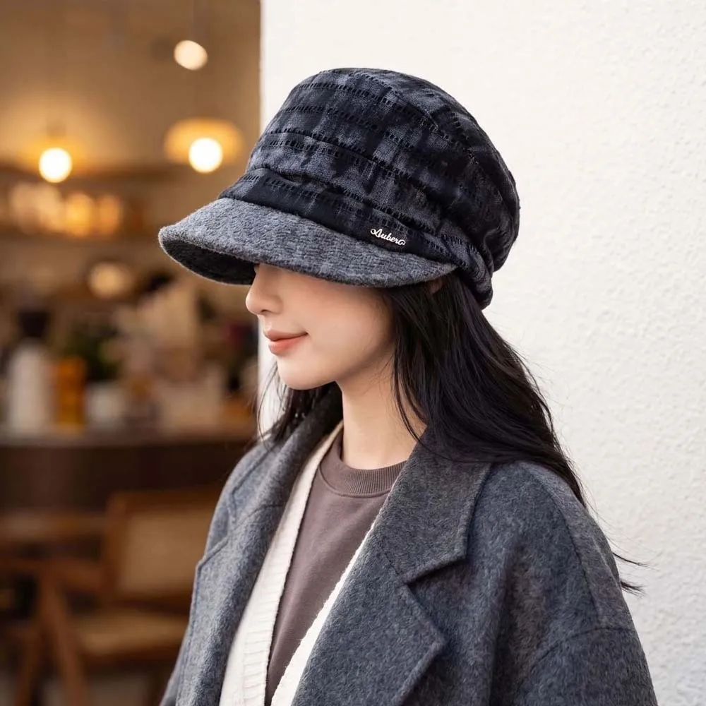 Grid Peaked Hat Warm Plaid Newsboy Cap Soft Vintage Checked Slouchy Hat Sweet Thick Visor Beret Cap Travel