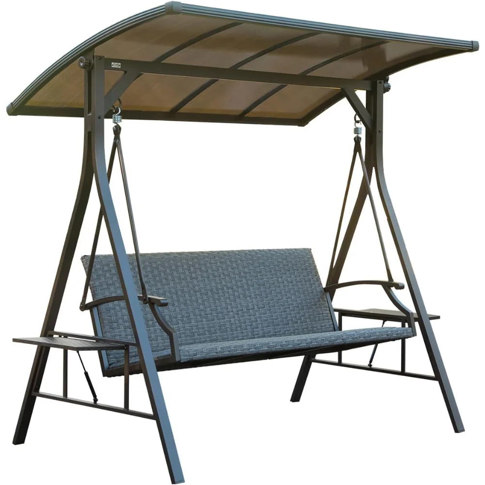 

3-Seat Outdoor Porch Swing w/Adjustable Polycarbonate Hardtop and Side Table, Wicker Patio Swing Chair Bench