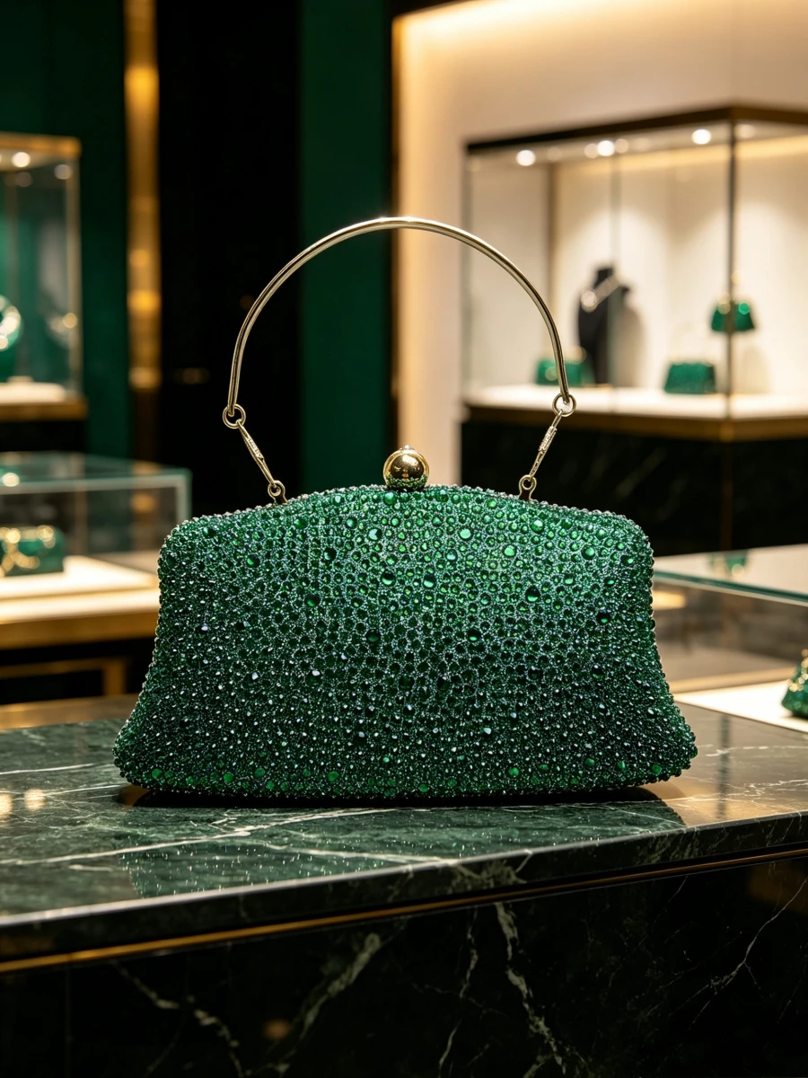 Emerald Green Full Dense Rhinestone Thin Metal Handle Trapezoid Lock Clutch Luxury Retro Evening Bag For Middle Aged Women Purse