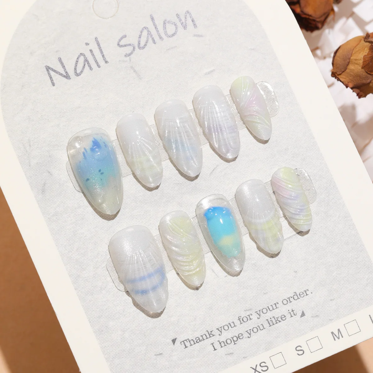 10pcs Shell Beach Blue Cat Eye Handmade Press On False Nails Almond Shape Ocean Gradient Reusable Fake Nails Women Manicure Set