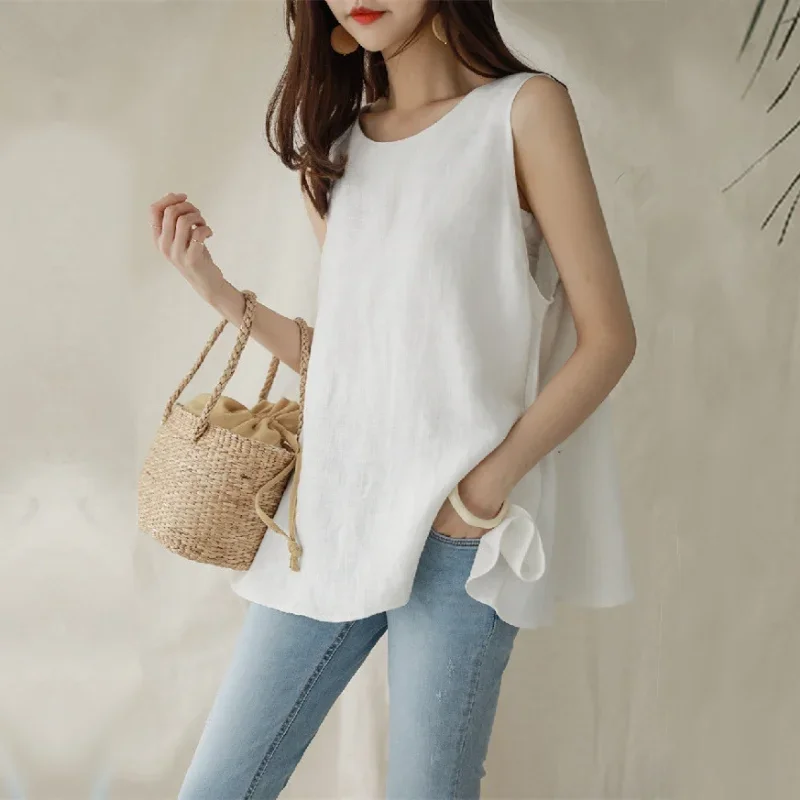 

Summer Women Blouse Solid Color Round Collar Sleeveless Shirt with Belt Casual Cotton and Linen Shirt Loose Clothes Blusas 27938