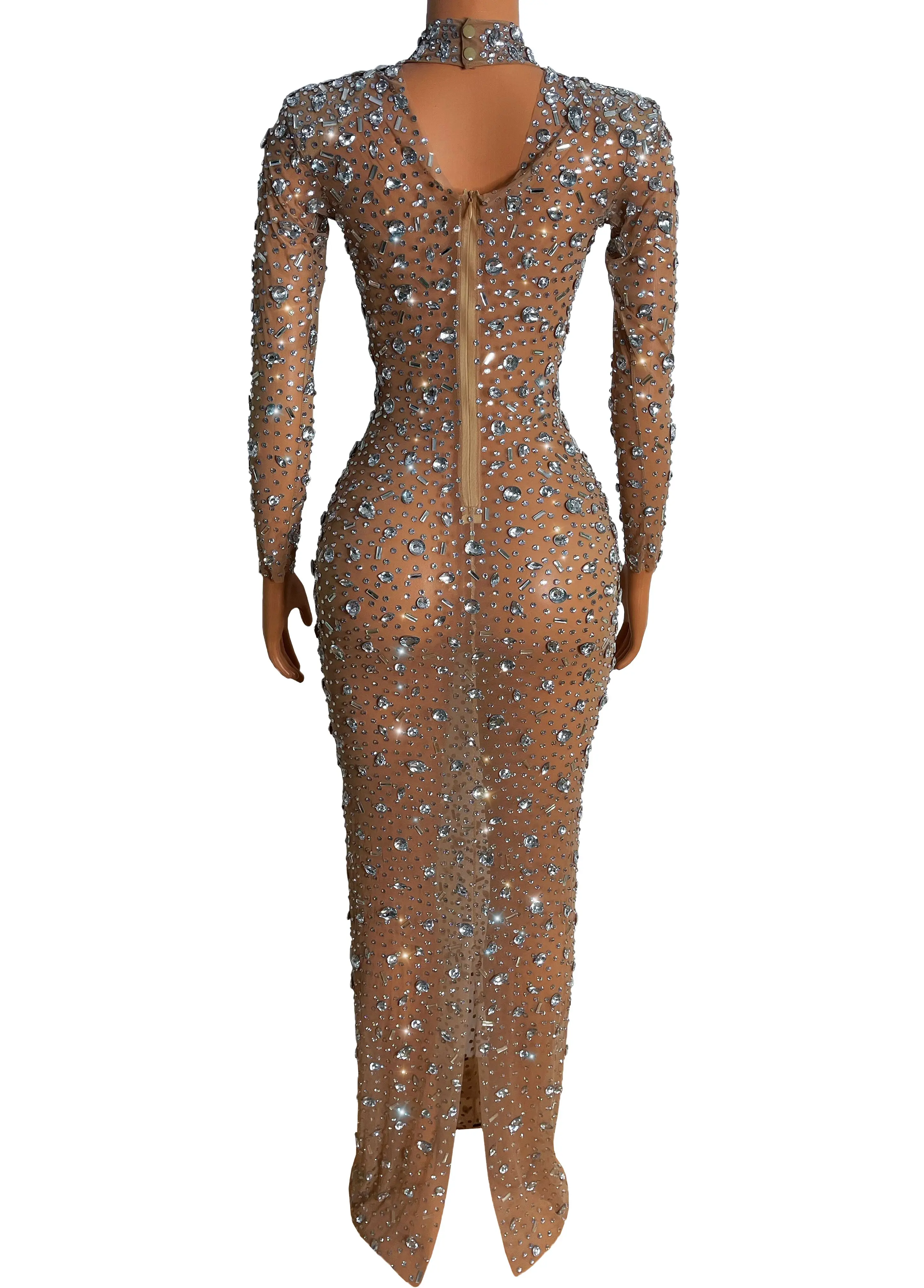 Luxus Zeigen Dubai Kristalle Strass Transparent Lange Kleid Abend Geburtstag Feiern Mesh Stretch Dance Kleid