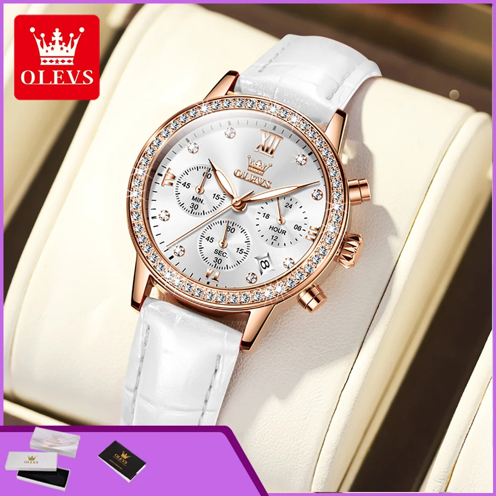 OLEVS 9933 Women's Watches Fashion Diamond Bezel Luminous Chronograph Leather Strap Date Display Luxury Brand Ladies Wristwatch