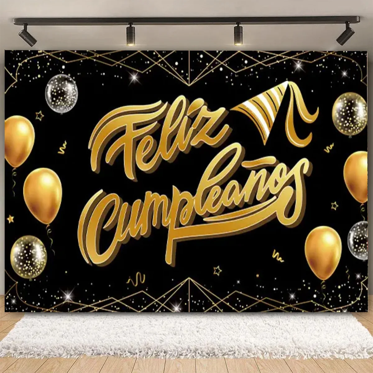 Black Gold Feliz cumpleaños Backdrops Birthday Gold Glitter Balloon Party Decor Spanish Kids Baby Shower Adult Anniversary Age