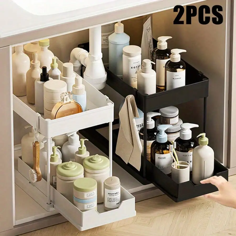 

[2-Piece Under-Sink Storage Rack] Double-Layer Large-Capacity Pull-Out Kitchen & Bathroom Storage Rack - Minimalist White Multi-Compartment Design, Durable Plastic Space-Saving Structure, Nested Shelves Specifically Crafted For Under-Sink Cabinet Storage,