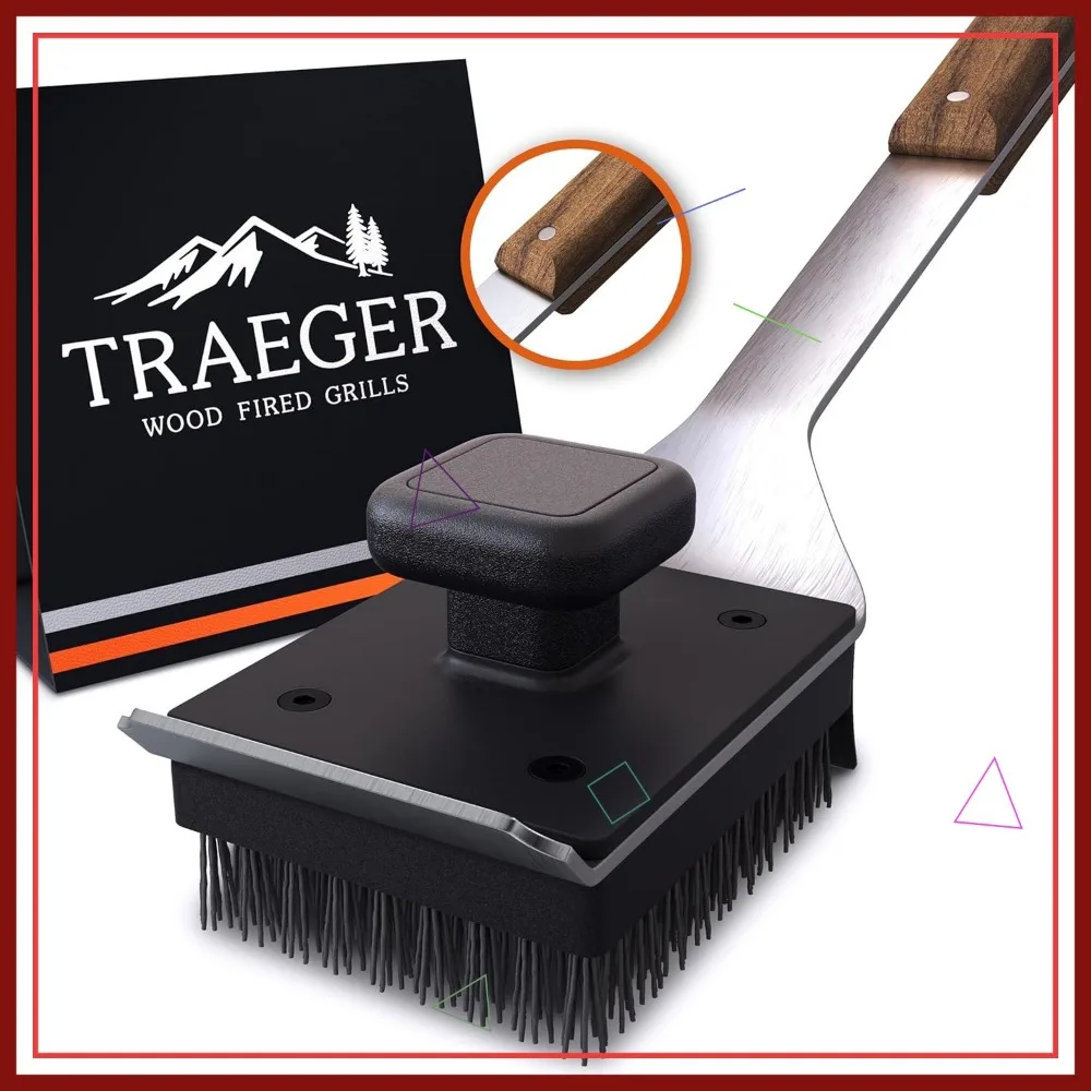 

Stainless Steel Grill Scraper with Nylon Bristles, Teak Wood Handle, Dual Grip Design for BBQ Cleaning