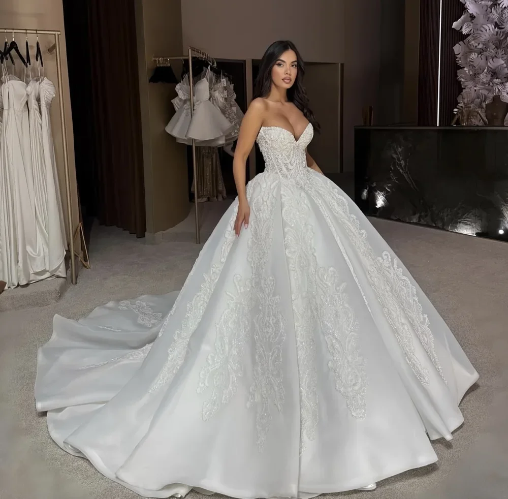 New Modern Wedding Dress 2027 Pearl Embroidery V-neck Sleeveless Satin Puffy Birde Bridal Gowns Arabic Vestido De Novia