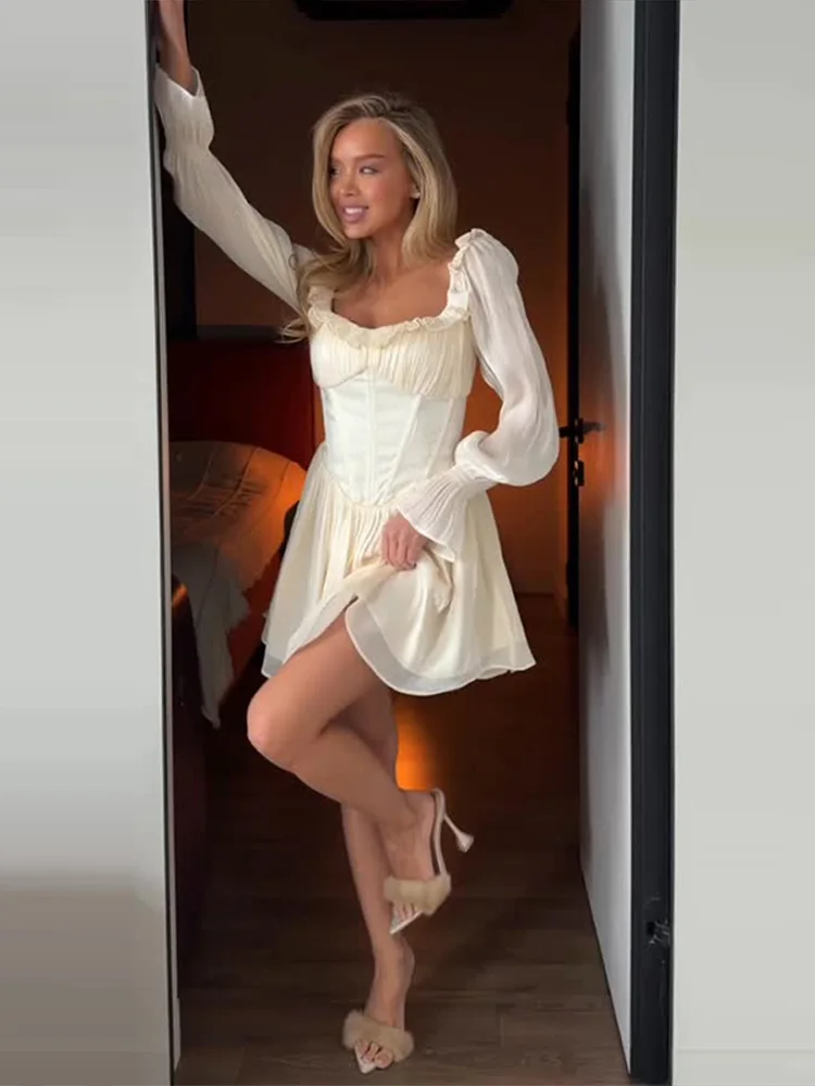 Quadratischer Ausschnitt Rüschen Kurzes Bodycon-Kleid Damen Sexy Laternenärmel Fischgräten-Schnürung Korsett-Kleider Schicke Damen-Partykleidung Robe – Detail 33
