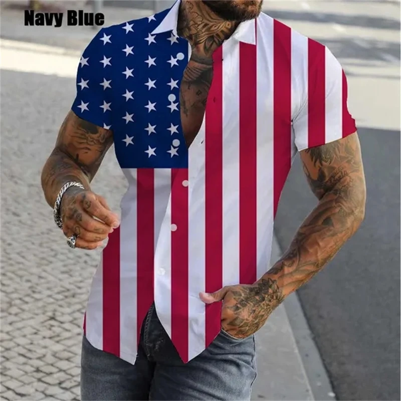 Usa Flag Print Shirts Men Women Fashion Hawaiian Shirt Casual American Flag Beach Shirt Blouse Eagle Vocation Lapel Shirt Men