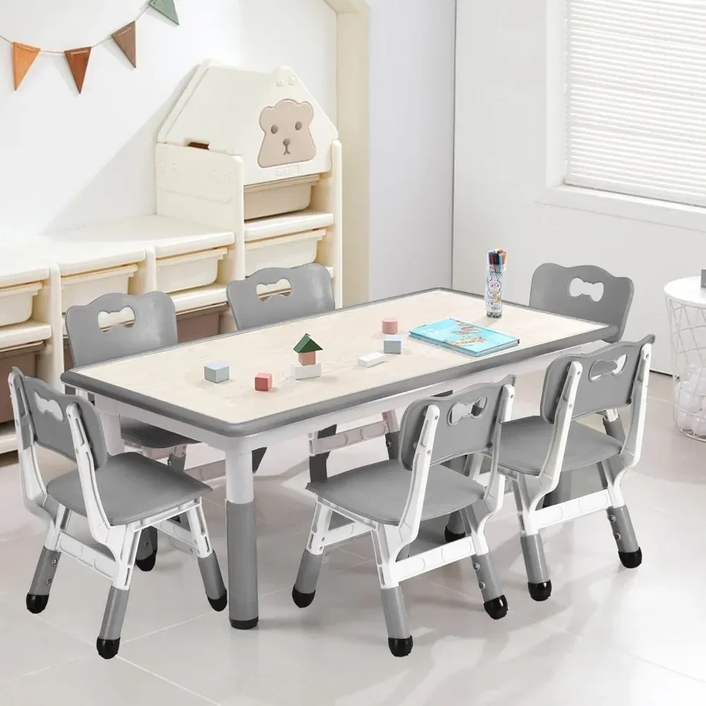 Kids Table and Chairs Set, Height Adjustable Desk With 6 Seats for Ages 2-10,Arts & Crafts Table,Graffiti Desktop