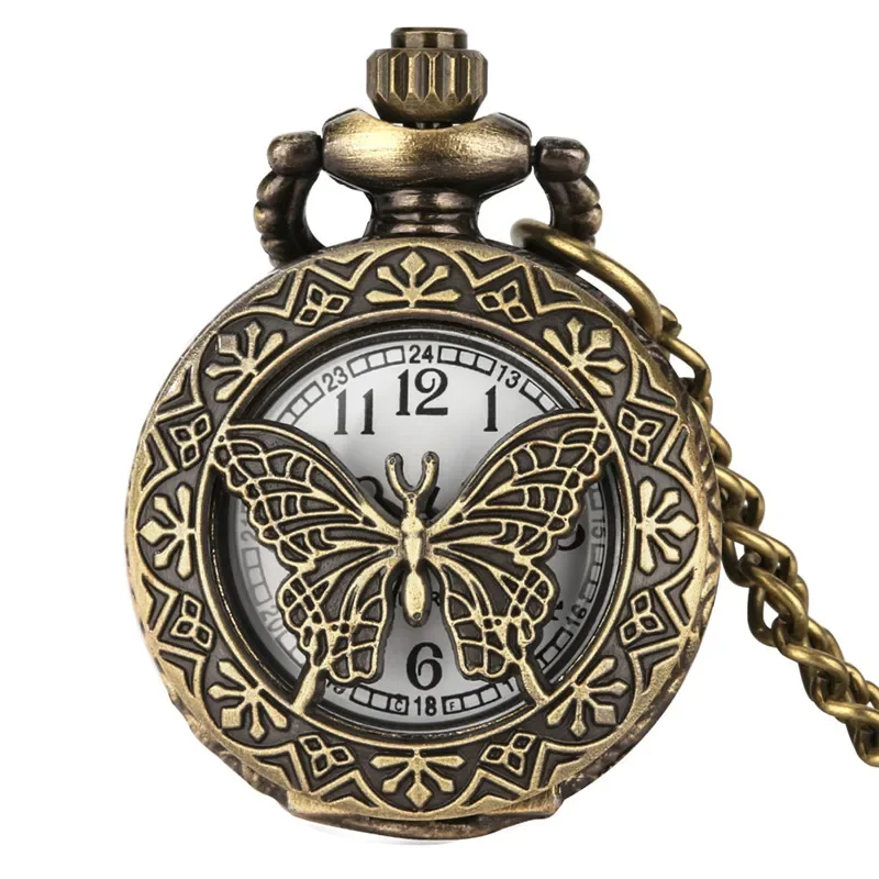 

Bronze Hollow-Out Butterfly Half Hunter Cover Men Women Quartz Analog Pocket Watch Necklace Chain Arabic Number Clock Timepiece