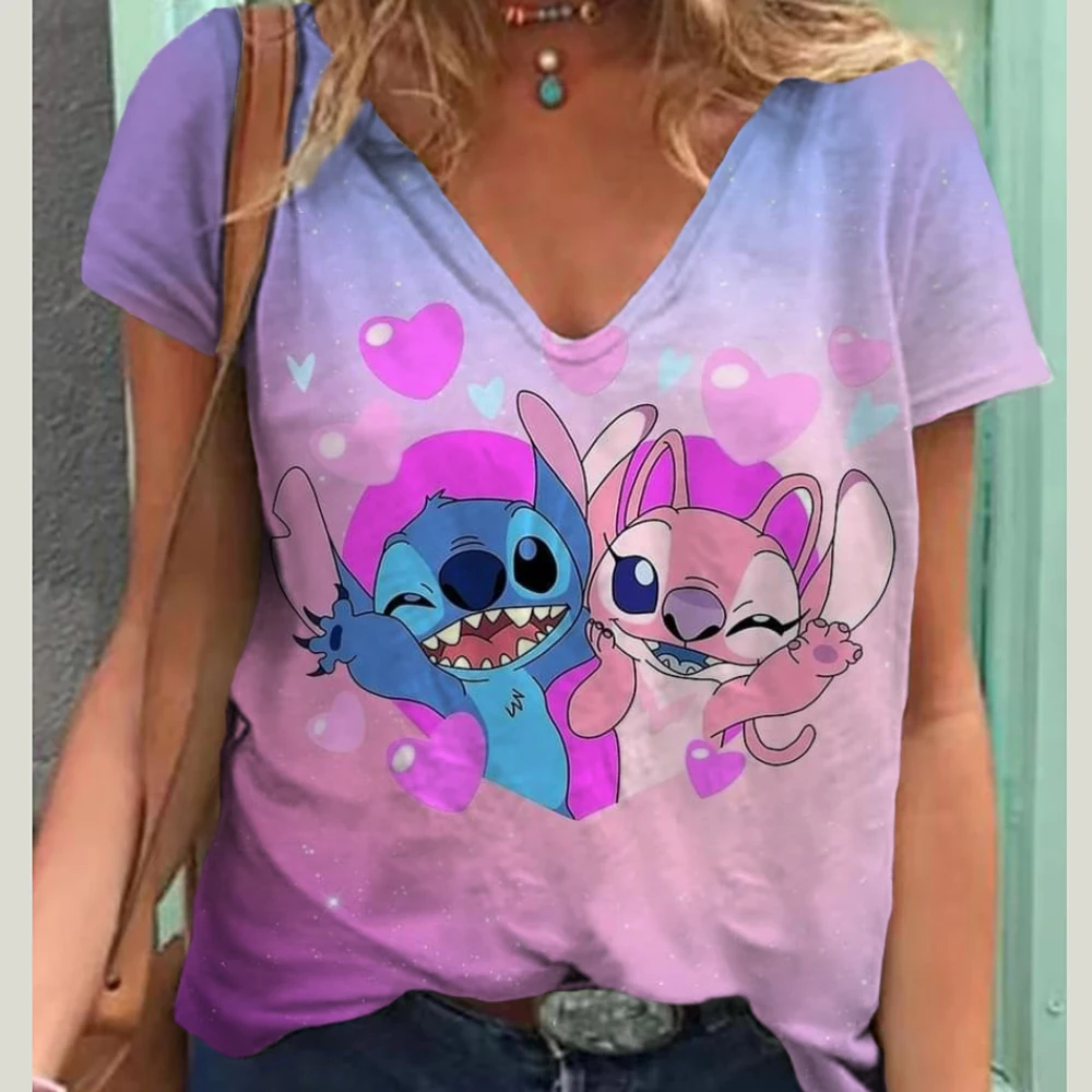 Mickey Mouse Stitch Print T-shirts Tops for Women Lady Summer Children T-shirts Casual V-neck Ohana Stitch Disney T-shirts