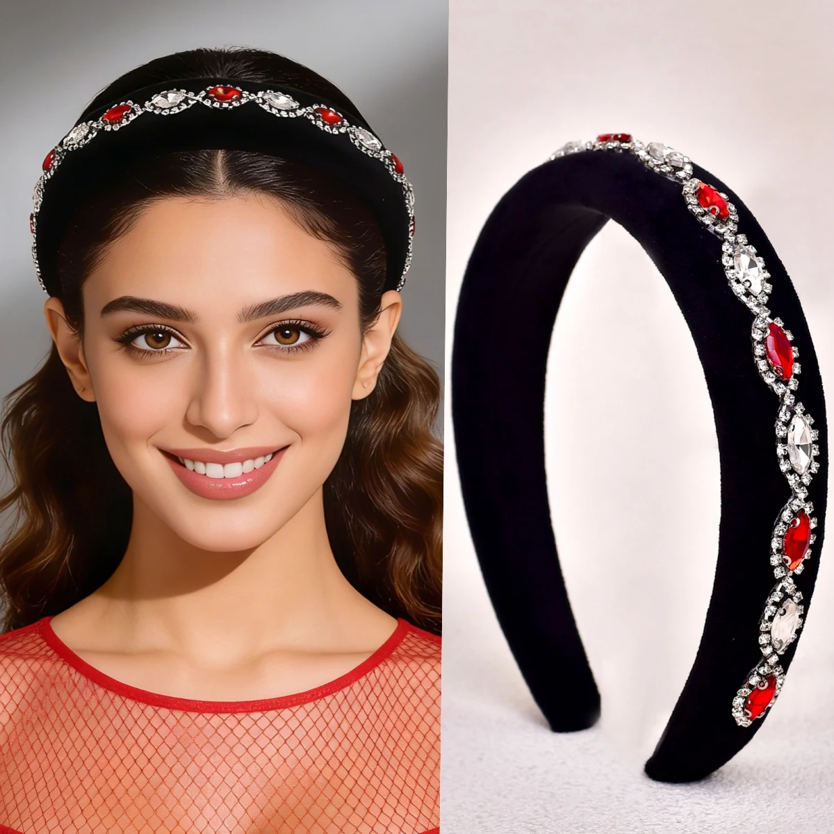 

Новая широкая повязка для волос с эффектом увеличения объема, ретро-стиль, бордовый цвет, со стразами, для банкетов, аксессуар для волос SA18