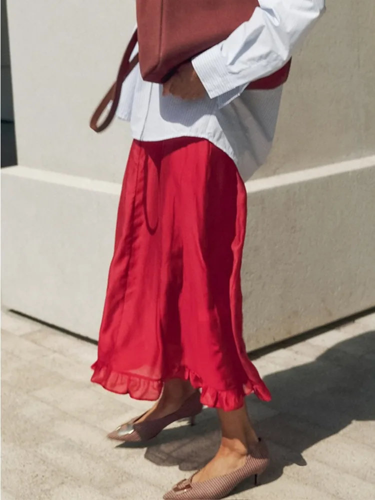 LIinar Street Chic Red Long Trumpet Skirts For Woman 2026 Autumn Vintage Loose High Waist Skirts Casual Ruffles Mid Calf Skirt