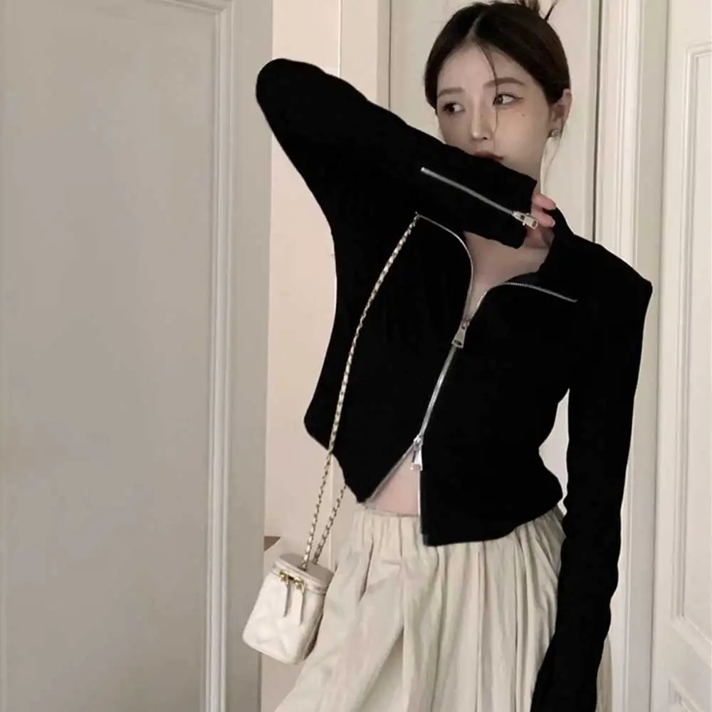 

Black Double Zipper Knit Cardigan New Female Autumn Long Sleeve Short Slim-fit Bottom Coat Loose Top Coat