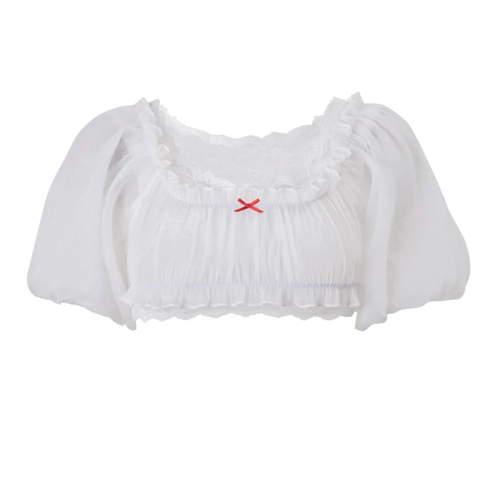 

Fashion Ruffle Lace T-shirt Lantern Short Sleeve Pullover Short Sleeve T-shirt Chic Slim Fit Bowk Y2K Crop Top Summer