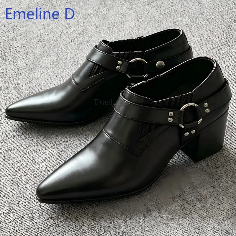 Trendy Men Short Ankle Boots Pointed Toe Thick Block Heel Metal O Ring Buckle Strap Rivet Embellish Elastic Fashion Boot Shoes