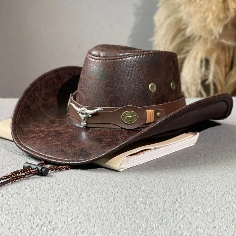 

Western Cowboy Crack Bull Head Retro Unisex New Outdoor Travel Flat Top Cowboy Knight Hat Men's Vintage Style Outdoors Cap