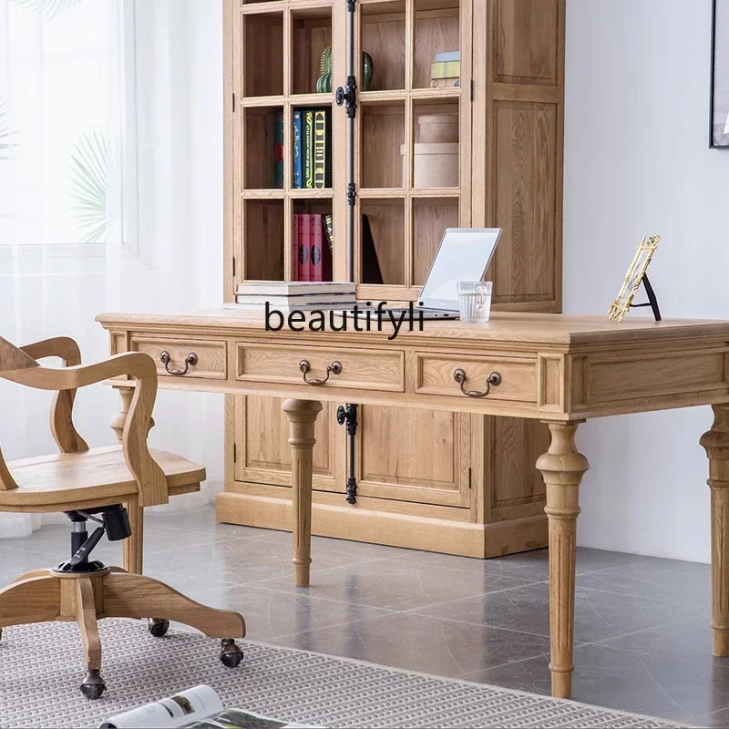 TTT American country oak, desk, European log computer desk, simple writing desk reading living room furniture