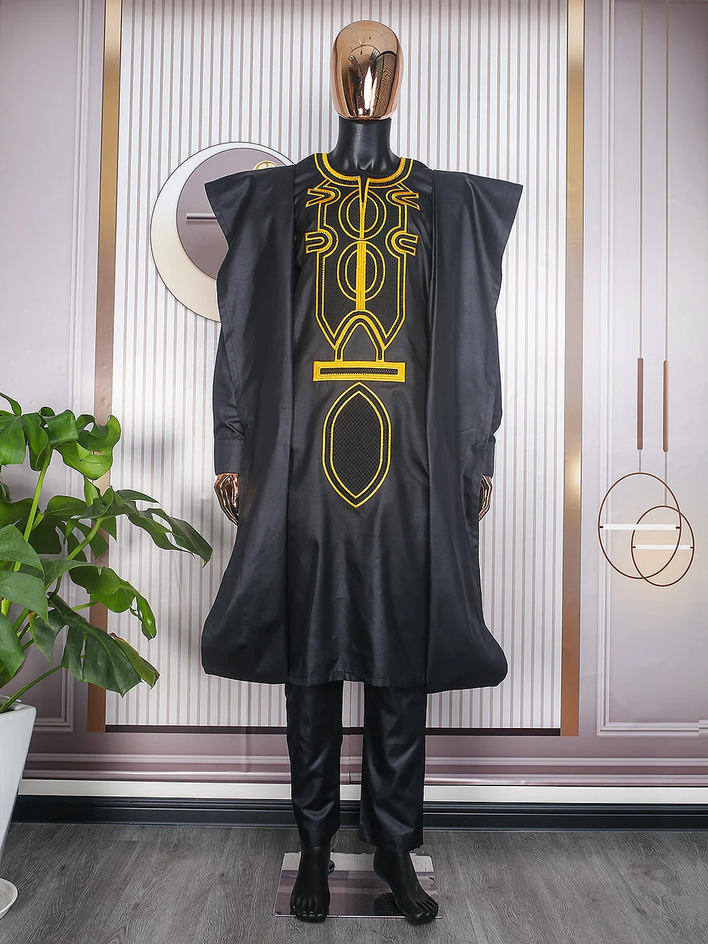 H&D African Clothes for Men Tradition Embroidery 3 Pcs Set Bazin Clothing Shirt Pants Coat Black Red Robe Wedding Party