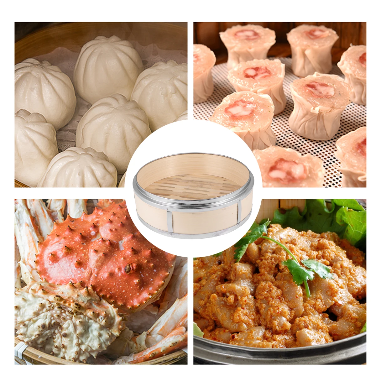 

1pc Bamboo Steamer 22Cm Stainless Steel Banding Steaming Basket Kitchen Gadget Home Use Dumpling Cage Food Steamer